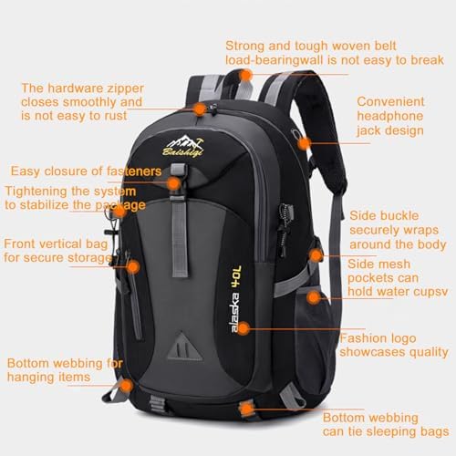 40L Hiking Backpack Lightweight Water Resistant Daypack with Padded Straps Chest Strap Multi-Compartment Rucksack Water Resistant for Outdoor Camping Travel - Image 3