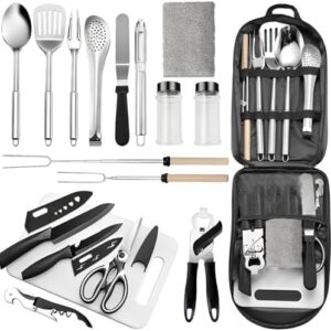 Portable Camping Cooking Set, 18PCS Cooking Essentials for Camping Kitchen, Lightweight & Durable Camping Utensils Set for Travel, Hiking, Picnics, BBQs and Parties