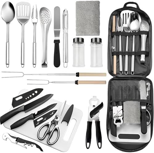 Portable Camping Cooking Set, 18PCS Cooking Essentials for Camping Kitchen, Lightweight & Durable Camping Utensils Set for Travel, Hiking, Picnics, BBQs and Parties