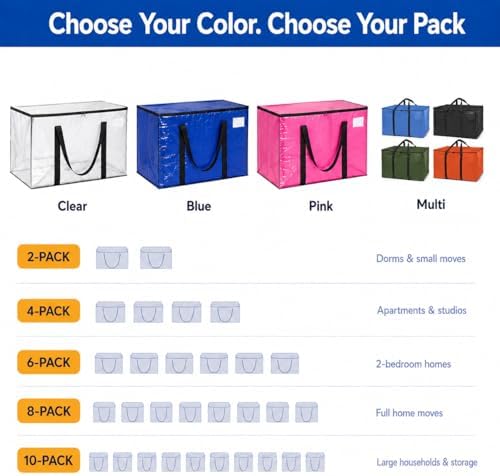Heavy Duty Moving Boxes or Storage Bags – Storage Bins with Lids, Large Moving Bags with Backpack Straps & Handles – Moving Supplies for College Dorm or Christmas Decorations, 6 Pack - Image 9