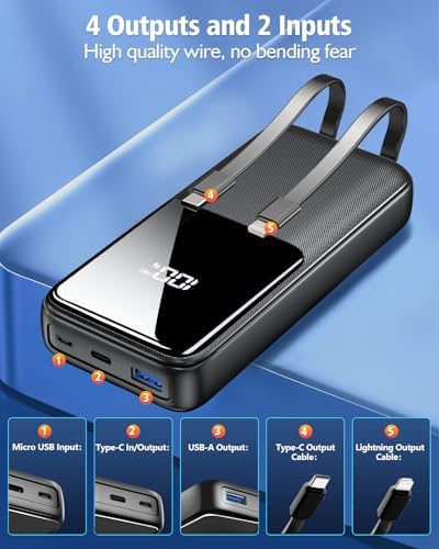Power Bank Fast Charging, 26800mAh Portable Charger with Built-in Cables, USB-C Powerbank with LED Display & 4 Outputs, Battery Pack Compatible with iPhone 17 16 15 14 13 Android and more, Black - Image 3