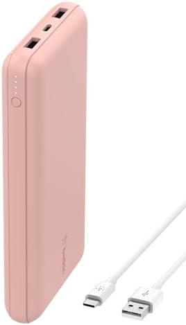 Belkin USB C Portable Charger 20000mAh, 20K Power Bank with USB Type C Input Output Port and 2 USB A Ports with Included USB C to A Cable for iPhone, Galaxy, Pixel, iPad, AirPods and More – Rose Gold | 20K Portable Charger, Charge Up to 3 Devices (1 x USB-C, 2 x USB-A Ports), 15W, LED Indicator, Made with Recycled Plastic
