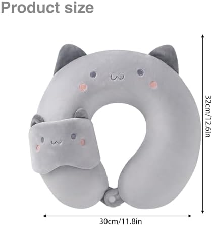 Travel Pillow Kids Travel Pillow with Sleep Eye Mask Cute Neck Pillow for Travel Soft Memory Foam Travel Neck Pillow for Adults and Kids Airplane Sleeping Travel and Camping (grey cat) - Image 2
