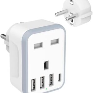 Loydia European Travel Adapter, 5 in 1 EU Plug Adapter with 4 USB Ports, UK to EU Euro Europe Travel Adaptor, Type E/F Schuko Grounded Euro Plug Adapter for Germany France Spain Turkey Portugal Poland