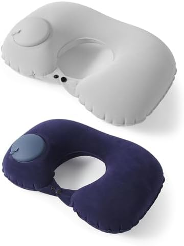 2 PCS Inflatable Neck Pillow for Travel, Compact Neck Support Pillows, Lightweight Inflatable Pillow for Adults Kids Airplane Travel Home and Office (Gray, Navy Blue)