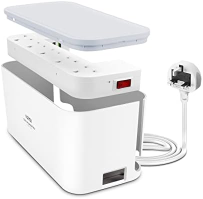 Extension Lead with USB Slots Cable Tidy Box, FDTEK 5 Way Plug Extension with 3 USB Ports and Cable Management Box, UK Power Strip with 2M Cord Overload Protection Switch for Home Office…