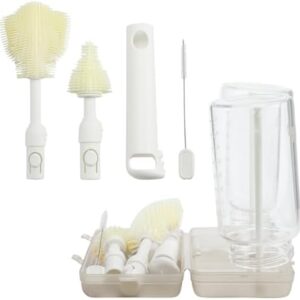 6-in-1 Bottle Brush Set - Travel Essential Bottle Cleaner Kit with Silicone Bottle Brush, Nipple Cleaner Brush,Straw Brush, Folding Drying Rack & Storage Case Bottle Cleaning Tool (White)