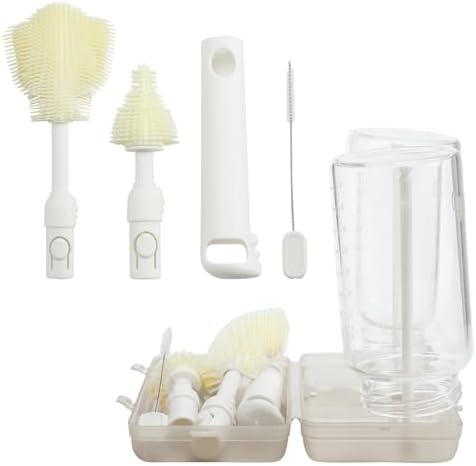 6-in-1 Bottle Brush Set - Travel Essential Bottle Cleaner Kit with Silicone Bottle Brush, Nipple Cleaner Brush,Straw Brush, Folding Drying Rack & Storage Case Bottle Cleaning Tool (White)