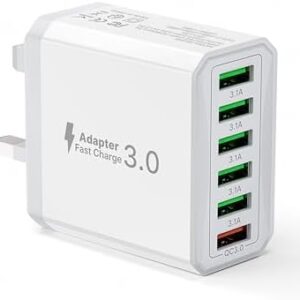 33W USB Plug Fast Charge, 6-Port Multi Charger UK Charging Power Adapter Multiple Quick Charge 3.0 Wall Mains Plug for iPhone 16 15 14 13 12 11 Pro Max X XR XS 8 7 6 6S Plus 5 5S SE, iPad