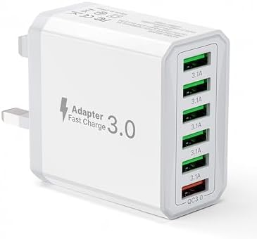 33W USB Plug Fast Charge, 6-Port Multi Charger UK Charging Power Adapter Multiple Quick Charge 3.0 Wall Mains Plug for iPhone 16 15 14 13 12 11 Pro Max X XR XS 8 7 6 6S Plus 5 5S SE, iPad
