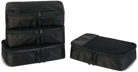 Amazon Essentials 4-Piece Packing Cubes Travel Accessories Set, Luggage Organiser with Double Zip, Mesh Top, Polyester, Small, Black (Previously Amazon Basics)
