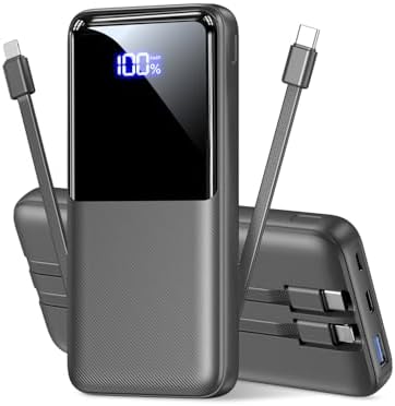 Power Bank Fast Charging 15000mAh, Portable Charger with 2 Built-in Cables & 3 Ports, Powerbank with LED Display, Battery Pack Compatible with iPhone 16 15 14 13 Android and more, Dark Gray