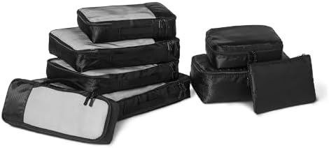 Amazon Essentials 8-Piece Packing Cubes Travel Accessories Set, Luggage Organiser with Double Zip, 100% Polyester, Multiple Dimensions, Black
