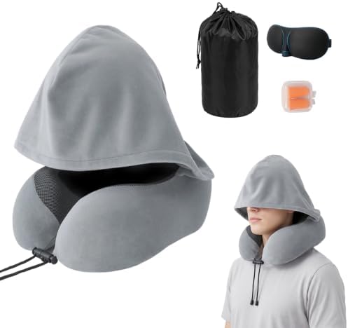 SULIVES Travel Pillow for Airplane, Memory Foam Neck Pillow with Hood, 360° Neck Support for Flights, Train and Car Travel, Soft Breathable Fabric, Compact Travel Set