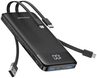 Charmast Portable Charger,10000mAh Power Bank with Built in 4 Cables,6 Outputs 3 Inputs Travel Essential USB C Battery Pack compatible with iPhone iPad Phones