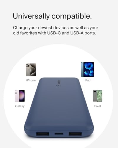 Belkin 10000mAh portable power bank, 10K USB-C portable charger with 1 USB-C port and 2 USB-A ports, battery pack for up to 15W charging for iPhone, Samsung Galaxy, AirPods, iPad, and more - Blue | 10K Portable Charger, Charge Up to 3 Devices (1 x USB-C, 2 x USB-A Ports), 15W, LED Indicator, Made with Recycled Plastic - Image 5