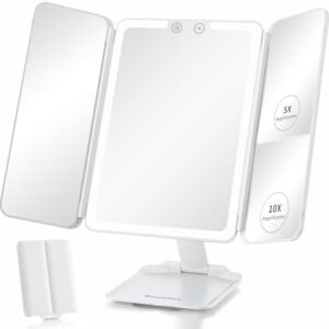 Travel Lighted Makeup Mirror with 48 LED lights, 1X/5X/10X Magnifying Tri-fold Table Mirror, Stepless Dimming and Touch Control, Portable USB Rechargeable Cosmetic Vanity Mirror