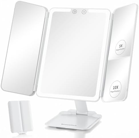 Travel Lighted Makeup Mirror with 48 LED lights, 1X/5X/10X Magnifying Tri-fold Table Mirror, Stepless Dimming and Touch Control, Portable USB Rechargeable Cosmetic Vanity Mirror