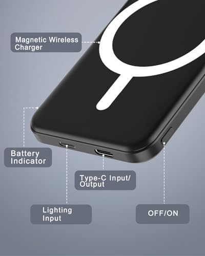 Podoru for Magsafe Power Bank, 5000mAh Magnetic Power bank with Type-C Cable PD Fast Charging Input Wireless Portable Charger for iPhone 17/16/15/14/13/12/ All Series-Black - Image 5