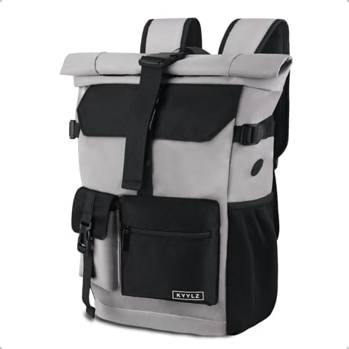 28 L Roll Top Backpack Mens, Large Waterproof Rucksack Womens, School Bag with Laptop Compartment 17 inch, Waterproof Backpack for Travelling Rucksack for University bag Business Sports, Grey