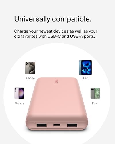 Belkin USB C Portable Charger 20000mAh, 20K Power Bank with USB Type C Input Output Port and 2 USB A Ports with Included USB C to A Cable for iPhone, Galaxy, Pixel, iPad, AirPods and More – Rose Gold | 20K Portable Charger, Charge Up to 3 Devices (1 x USB-C, 2 x USB-A Ports), 15W, LED Indicator, Made with Recycled Plastic - Image 5
