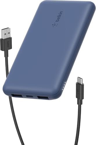 Belkin 10000mAh portable power bank, 10K USB-C portable charger with 1 USB-C port and 2 USB-A ports, battery pack for up to 15W charging for iPhone, Samsung Galaxy, AirPods, iPad, and more - Blue | 10K Portable Charger, Charge Up to 3 Devices (1 x USB-C, 2 x USB-A Ports), 15W, LED Indicator, Made with Recycled Plastic