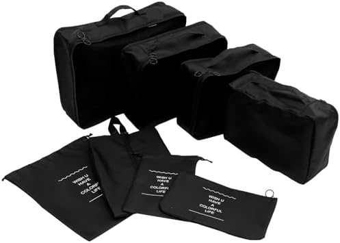 8pcs Travel Packing Cubes Luggage Organizers Set in Black, Waterproof Polyester Material Extra Security and Prevents Creasing, for Travel and Home Use
