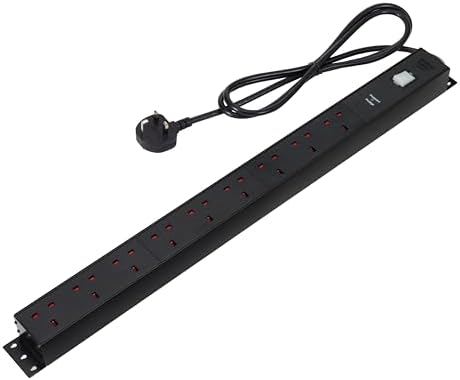 Amazon Basics Heavy-Duty 9-Way Metal Power Strip with Surge Protection, Safety Shutters, Socket Strip Extension, 1.8m Cable, Wall Mountable, 600J, Black