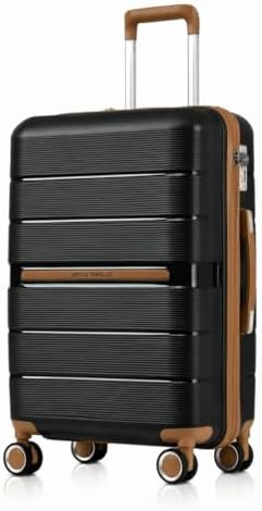 British Traveller 24" Medium Suitcase Lightweight Polypropylene Hard Shell Luggage Hold Check in Suitcase with 4 Wheels and Built-in TSA Lock(Black, 66cm 60L)