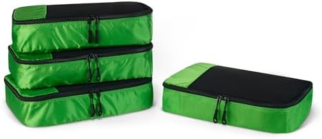 Amazon Essentials 4-Piece Packing Cubes Travel Accessories Set, Luggage Organiser with Double Zip, Mesh Top, Polyester, Medium, Green (Previously Amazon Basics)