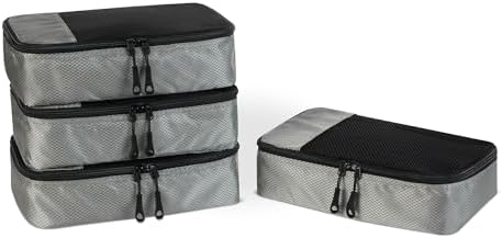 Amazon Essentials 4-Piece Packing Cubes Travel Accessories Set, Luggage Organiser with Double Zip, Mesh Top, Polyester, Small, Grey (Previously Amazon Basics)