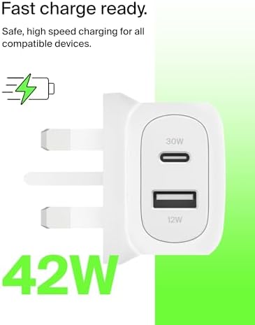 Belkin BoostCharge 42W Dual Port Wall Charger with USB-C and USB-A | Samsung, Pixel, iPhone Charger, Fast Charging, 30W USBC Port + 12W USBA Port, PPS Technology, Compact and Travel Friendly - Image 2