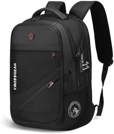 CROSSGEAR 30L Anti-Theft Lockable Laptop Backpack, 17.3 Inch Waterproof Travel Laptop Bag with Dual USB Charging Port, Ergonomic Rucksack for Work Travel School Business Men Women Ideal Gift, Black