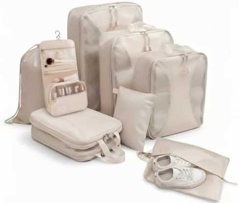 Travel Compression Packing Cube Set – Compression Organisers with Shoe Bag, Toiletry Pouch & Laundry Bag, Lightweight Luggage Storage for Business Trips or Weekend Getaways (Beige, 9 Set)