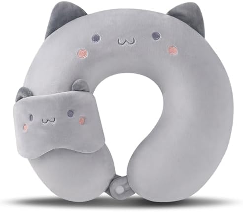 Travel Pillow Kids Travel Pillow with Sleep Eye Mask Cute Neck Pillow for Travel Soft Memory Foam Travel Neck Pillow for Adults and Kids Airplane Sleeping Travel and Camping (grey cat)