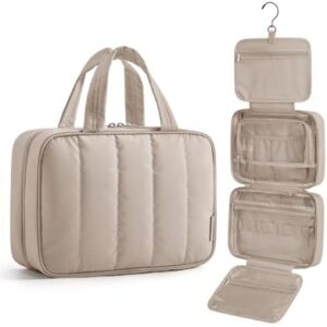 BAGSMART Hanging Toiletry Bag with Hook, Waterproof Travel Wash Bag Makeup Organiser, Full-Size Toiletries Cosmetics Accessories for Women & Men, Camel