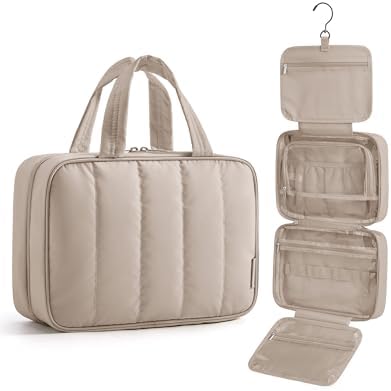 BAGSMART Hanging Toiletry Bag with Hook, Waterproof Travel Wash Bag Makeup Organiser, Full-Size Toiletries Cosmetics Accessories for Women & Men, Camel