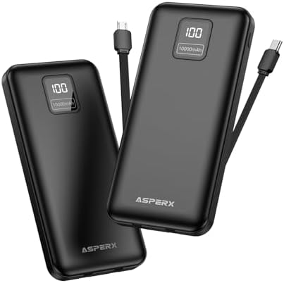 AsperX 2-Pack 10000mAh Power Bank Fast Charging, Portable Charger with Built in Cables USB C Input and Output, Battery Pack LED Display Compatible with iPhone, Samsung, iPad, Tablets, Android, etc.