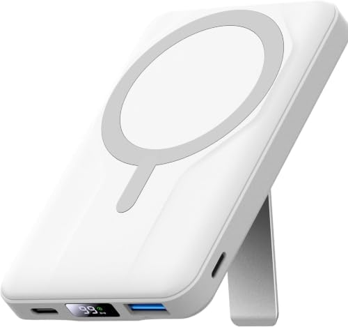Azmuth 10000mAh Magnetic Power Bank for MagSafe, 20W PD USB-C Fast Charging Portable Charger with LED Display & Stand, Wireless External Battery Pack for iPhone 17/16/15/14/13/12 Series, White