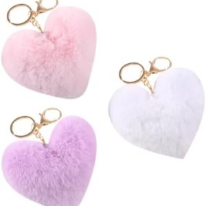 JIHUOO 3 Pcs Heart Pom Pom Keychains Faux Fur Pom Pom Key Chain Ring Cute Bag Charms Puff Ball Keychain Fluffy Backpack Charms for Girls Women Pink white purple