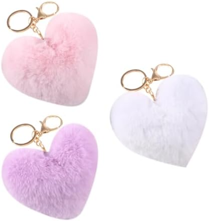 JIHUOO 3 Pcs Heart Pom Pom Keychains Faux Fur Pom Pom Key Chain Ring Cute Bag Charms Puff Ball Keychain Fluffy Backpack Charms for Girls Women Pink white purple