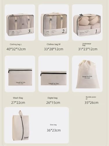 7 Piece Packing Cubes Set for Suitcases | Luxury Travel Organiser Bags | Compression Luggage Cubes with Shoe Bag & Pouches | Beige | Brand New - Image 6