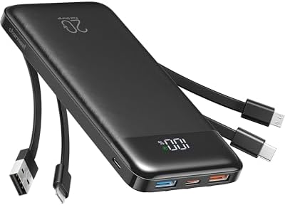 Charmast 20000mAh Power Bank with 4 Built-in Cables, 22.5W Fast Charging Portable Charger for iPhone, Android, iPad, No Extra Cords Needed for Travel, Work, Emergency