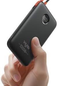 VIYISI Ultra-Slim 10000mAh Power Bank, QC 22.5W Fast Charging Portable Charger with Built-in Type-C Cable, LED Display Travel Phone Charger for iPhone 17 16 15 Samsung Android -Black