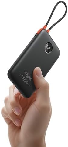 VIYISI Ultra-Slim 10000mAh Power Bank, QC 22.5W Fast Charging Portable Charger with Built-in Type-C Cable, LED Display Travel Phone Charger for iPhone 17 16 15 Samsung Android -Black