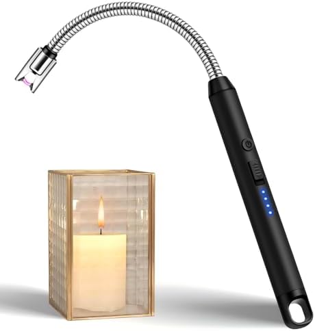 Candle Lighter, Electric BBQ Lighter Long Reach, Electronic USB C Rechargeable Lighter Flameless & Windproof, 360° Flexible Neck & LED Display for BBQ Grill, Candles, Gas Stove
