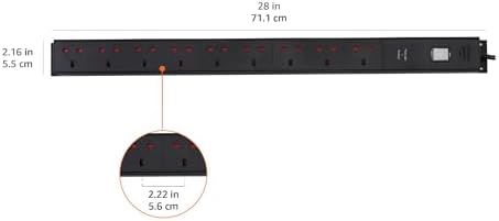 Amazon Basics Heavy-Duty 9-Way Metal Power Strip with Surge Protection, Safety Shutters, Socket Strip Extension, 1.8m Cable, Wall Mountable, 600J, Black - Image 6