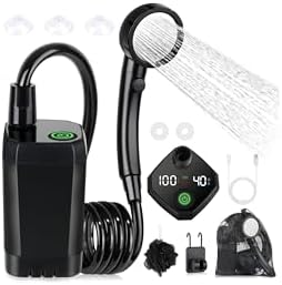 Spopal Portable Shower for Camping, 6000mAh Rechargeable Camping Shower Pump with Intelligent LED Display, 4 Spray Modes, IPX7 Waterproof Outdoor Shower Kit for Hiking, Travel, Car, Pet