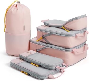 BAGSMART Compression Packing Cubes for Suitcases & Backpack, 6 Set Travel Organisers Bags with Label Pocket for Luggage, Travel Essentials, Holiday & Camping Accessories, Baby Pink