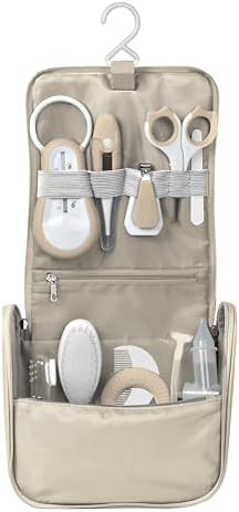 BÉABA Baby Travel Toiletries Bag – 10 Care Accessories from Birth – Rotating Hook, Compact Size, Double Zip – Thermometers, Nail Clippers, Baby Nasal Aspirator, Brush – Clay Colour - Image 2